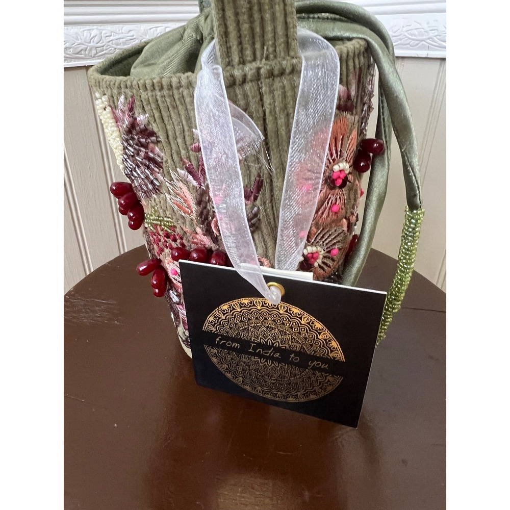 Handmade Beaded Corduroy Floral Bucket Bag Olive Green Drawstring India New - Picture 3 of 10